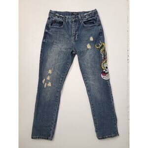 Ed Hardy Embroidered Jeans NYC Eagle Blue Denim Distressed Men's Sz 30
